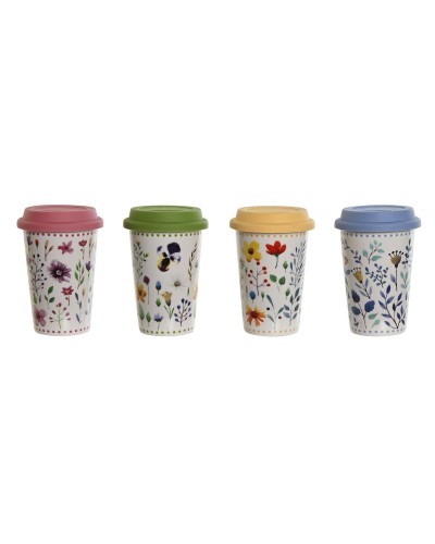 Taza con Tapa DKD Home Decor Multicolor Flores 400 ml (4 Unidades)