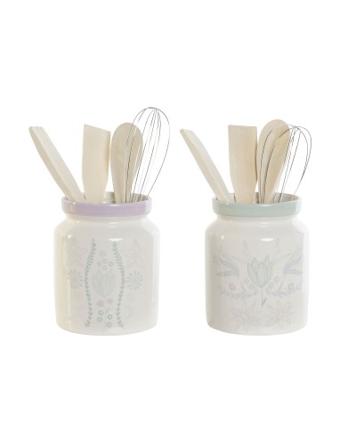 Gefäß DKD Home Decor grün Bunt Lila Metall Holz MDF 12 x 12 x 25 cm (2 Stück)