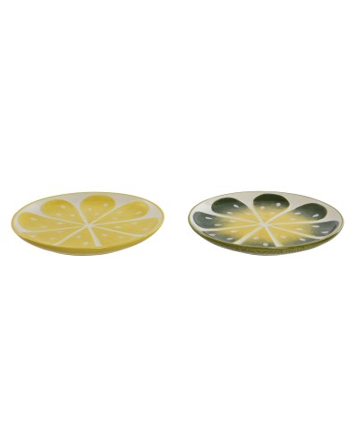 Platt skål Home ESPRIT Gul Grön Stengods Citron 22,5 x 22,5 x 2,5 cm (2 antal)