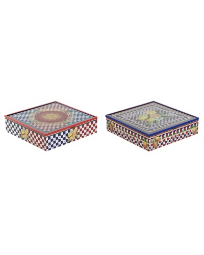 Caja para Infusiones Home ESPRIT Azul Rojo Multicolor Metal Cristal Madera MDF 24 x 24 x 6,5 cm (2 Unidades)