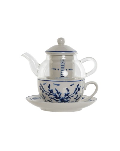 Theepot Home ESPRIT Blauw Wit Kristal Porselein