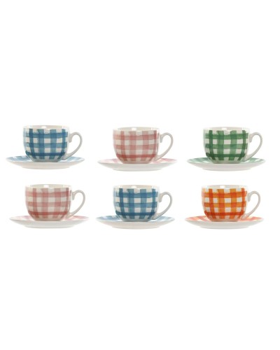 Set van 6 kopjes met schotel Home ESPRIT Blauw Groen Oranje Roze Porselein Strepen Mediterrane 240 ml