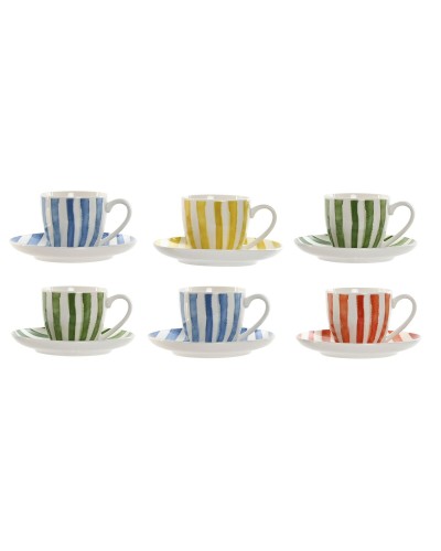 Jeu de 6 tasses avec plat Home ESPRIT Jaune Bleu Vert Corail Porcelaine Rayures méditerranéen 90 ml