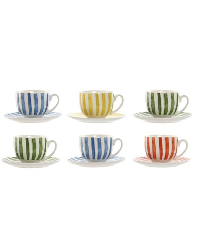 Set of 6 Cups with Plate Home ESPRIT Yellow Blue Green Coral Porcelain Stripes Mediterranean 240 ml