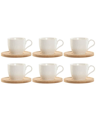 Set of 6 Cups with Plate Home ESPRIT White Natural Bamboo Porcelain 220 ml