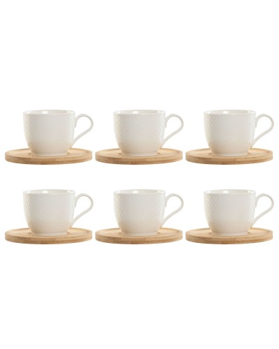 Juego de 6 Tazas con Plato Home ESPRIT Blanco Natural Bambú Porcelana 220 ml
