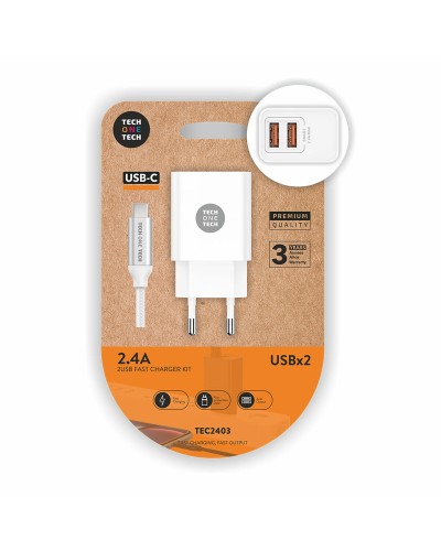 Wandlader + USB-Kabel-C Tech One Tech TEC2403 Wit Dubbel