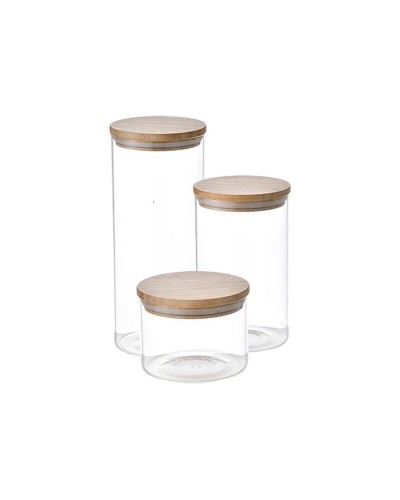 Ensemble de 3 bocaux San Ignacio transparents en cristal avec couvercle en bambou pour conservation des aliments.
