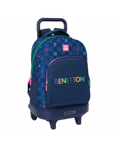 School Rucksack with Wheels Benetton Damero Navy Blue 33 x 45 x 22 cm