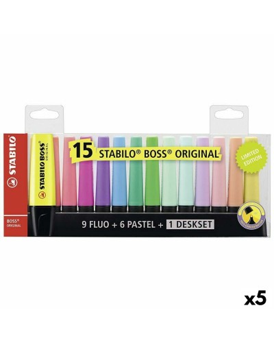 Stabilo Boss Set 5 Surligneurs Multicolores Originaux - Pointe Biseautée pour Étude & Bureau
