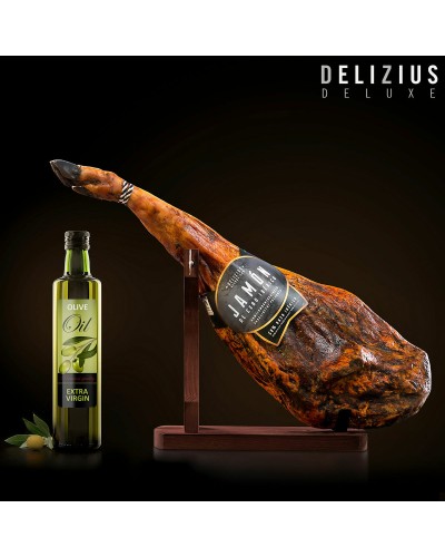 Set of Iberian Grain-Fed Ham, Olive Oil and Ham Holder Delizius Deluxe