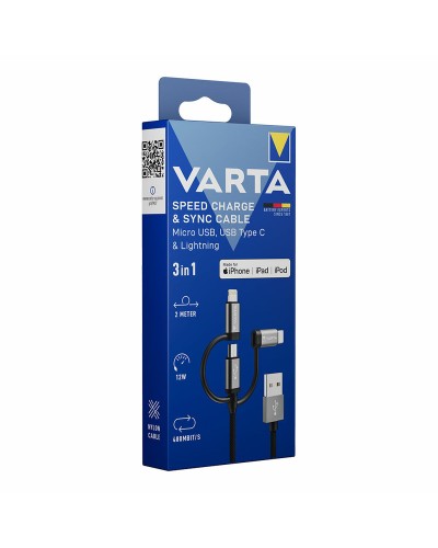 USB-kabel Varta 2 m Zwart 3 in 1 USB-C Micro USB Lightning