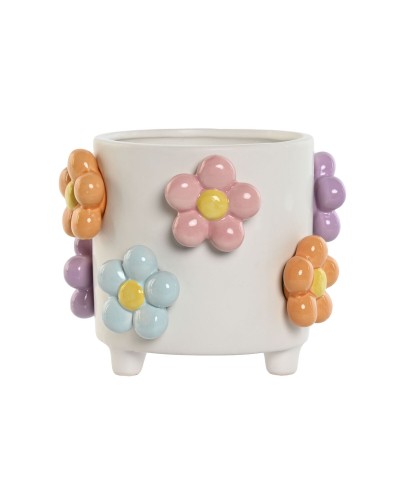 Blumentopf Home ESPRIT Weiß Bunt Dolomite Blomster 17 x 17 x 14,5 cm