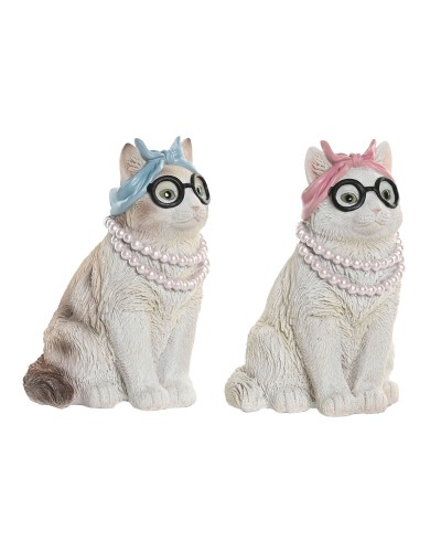 Figura Decorativa Home ESPRIT Azul Blanco Rosa Gato 13,5 X 13 X 19,5 CM (2 Unidades)