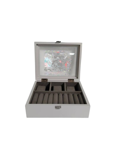 Caja-Joyero Home ESPRIT Blanco Gris Madera MDF 22 X 19 X 7.5 CM