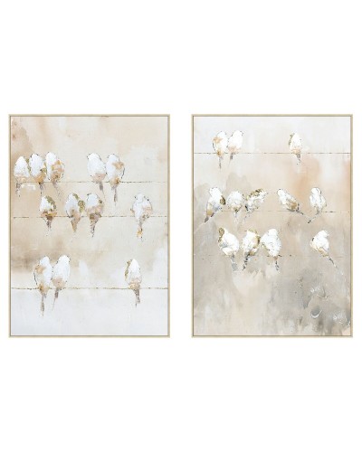 Maalaus Home ESPRIT Valkoinen Beige Harmaa Kullattu Linnut Skandinaavinen 103 x 4,5 x 143 cm (2 osaa)