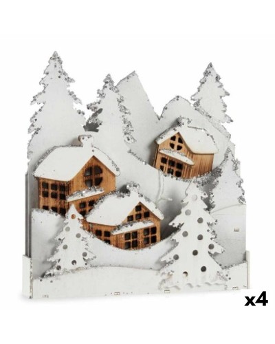 Decoratieve figuren Licht Dorp Wit Bruin Hout 44 x 48 x 7,5 cm (4 Stuks)