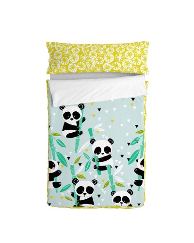 Gewatteerd beddengoed met ritssluiting HappyFriday Moshi Moshi Panda Garden Blue Blauw 105 x 200 cm