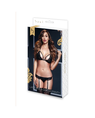 Zwart Lacy BH Kouseband & Open Kruis Slip One Size Baci Lingerie BW3101 Zwart (Één maat)