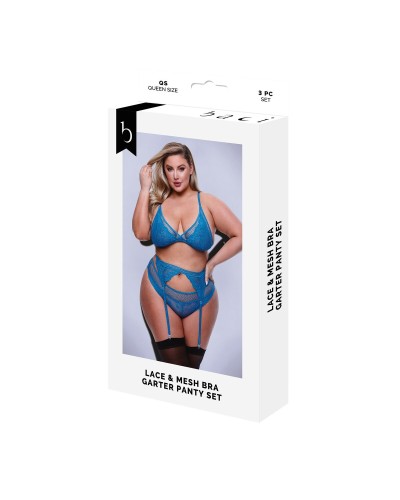 Baci Lingerie : Ensemble Lingerie Bleu Clair, Porte-jarretelles & Culotte - Taille Queen
