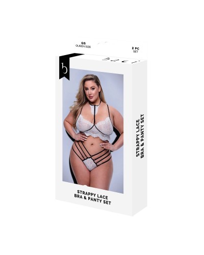 Set med underkläder Baci Lingerie Strappy Lace Vit Svart/Vit 2 Delar (Queen)