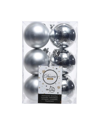 Palle di Natale Decoris, 12 Unità Argento Lucido, Plastica, Ø 6 cm
