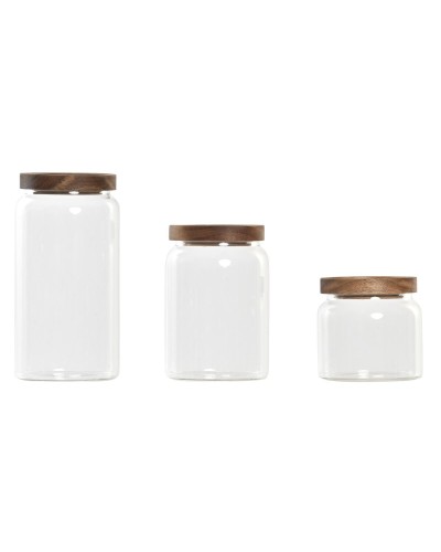Uppsättning med 3 Burkar DKD Home Decor Akaciaträ Borosilikatglas (1 L) (400 ml) (700 ml) (3 Delar)