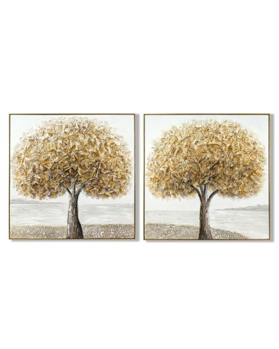 Toile Home ESPRIT Gris Doré Arbre Traditionnel 102 x 4,5 x 102 cm (2 Unités)