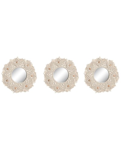 Set spiegels Home ESPRIT Wit Kristal Macramé Boho 20 x 1 x 20 cm (3 Onderdelen)