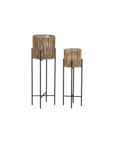 Set med planteringskärl Home ESPRIT Svart Metall Fibrer 23 x 23 x 76,5 cm