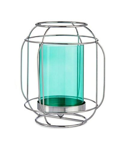 Portacandele Lanterna Argentata Azzurra - Metallo e Vetro - 19 x 20 x 19 cm