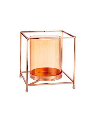 Quadratischer Kerzenhalter aus goldenem Metall und bernsteinfarbenem Glas, 14x15,5x14 cm
