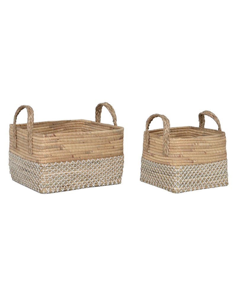 Set di Cestini Home ESPRIT Bianco Naturale Marrone Chiaro PVC Erba di mare Juncus 43 x 38 x 36 cm (2 Pezzi)