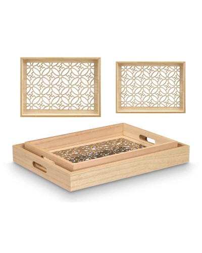 Set van trays Gift Decor Bruin Transparant Hout Glas Bloem 2 Onderdelen