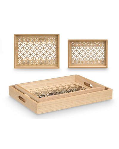 Set of trays Gift Decor Brown Transparent Wood Glass Circle 2 Pieces