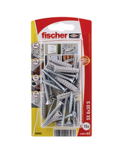 Fischer Tacos y Tornillos, 15 Unidades, Dimensiones 6 x 30 mm, para Fijaciones Seguras
