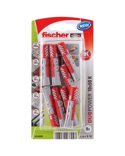 Fischer DuoPower Plugs Ø 10 mm - Nylon - 50 mm - Pack of 8 - For Versatile Applications
