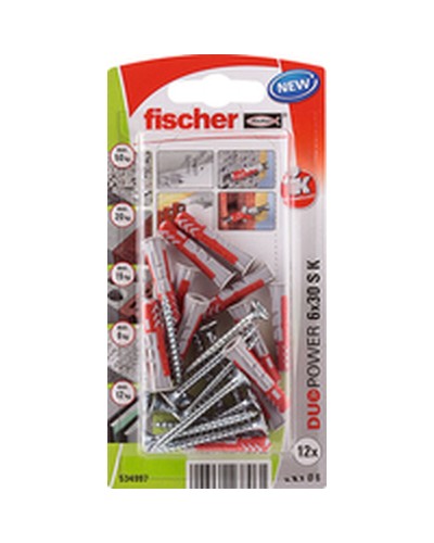 Fischer Duopower Universal Screws and Plugs | 12 Pieces (6 x 30 mm) | Secure Fixing Anchor

