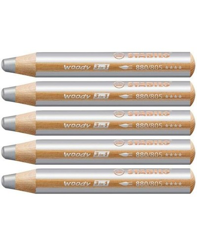 Stabilo Woody 3 en 1 Lápices de Colores Plata - Multiusos, 5 Unidades

