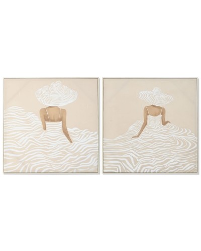 Canvas Home ESPRIT White Beige Dress Scandinavian 82,5 x 3,5 x 82,5 cm (2 Units)