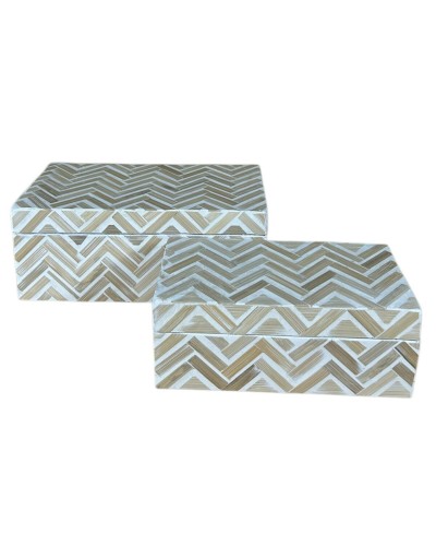 Set of decorative boxes Home ESPRIT White Brown Resin Bamboo 30 X 16 X 12 CM (2 Units)