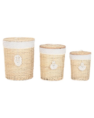 Cesto para la Ropa Sucia Home ESPRIT Natural Mimbre Boho 45 x 45 x 55 cm 3 Piezas