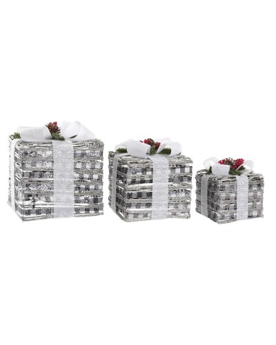 DKD Home Decor 3er Set Dekorative Weihnachts-Aufbewahrungsboxen aus Metall mit LED-Lichtern - Weiß, Rot, Grün, Silberfarben - 25 x 25 x 29 cm
