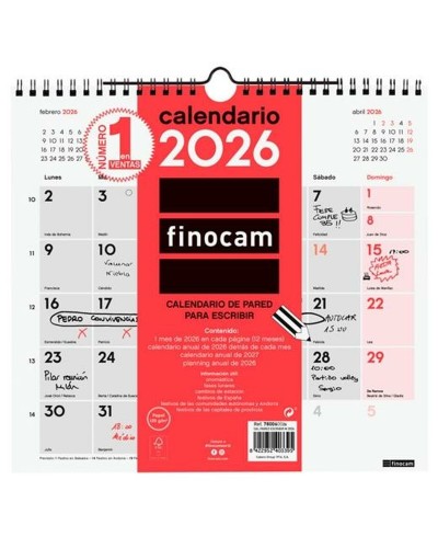 Calendario de pared Finocam Papel 2026 26,5 x 24,5 cm