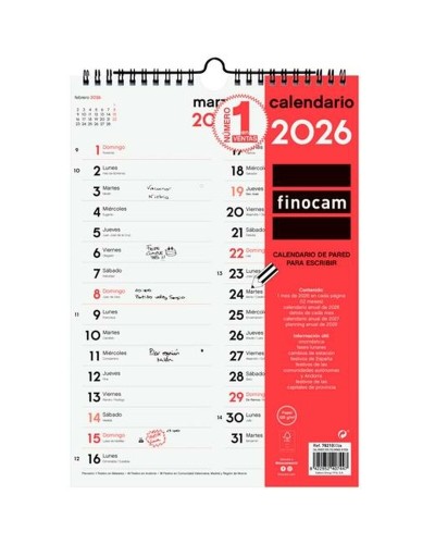 calendrier mural Finocam A4 Papier 2026 21 x 30 cm