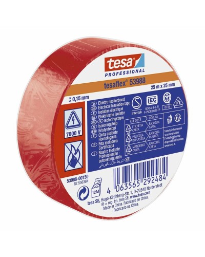 TESA Nastro Isolante PVC 25 mm x 25 m, Rosso, Resistente e Versatile per Riparazioni e Sigillature
