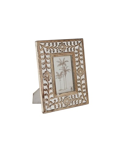 Marco de Fotos ESPRIT de Madera de Mango Blanco Natural con Cristal y Flores Indias, 21 x 26,5 cm
