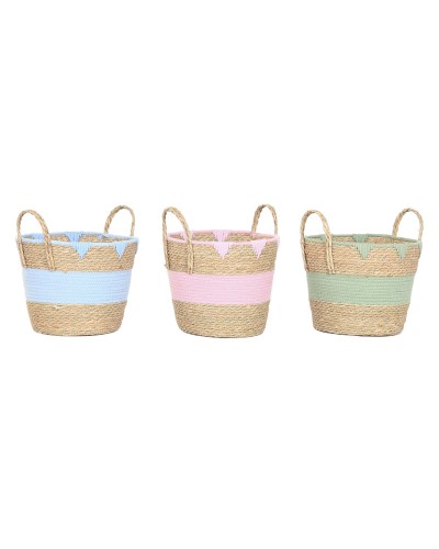 Decorative basket Home ESPRIT Blue Green Pink Natural Seagrass Children's (3 Units)