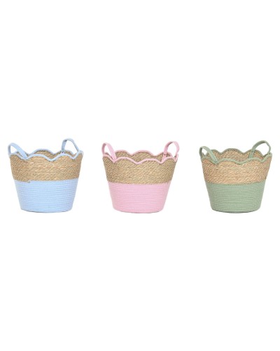 Decorative basket Home ESPRIT Blue Green Pink Natural Seagrass Children's (3 Units)