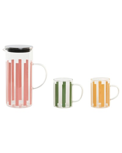 Set di brocche con bicchieri Home ESPRIT Giallo Verde Corallo Acciaio inossidabile Cristallo Righe Moderno